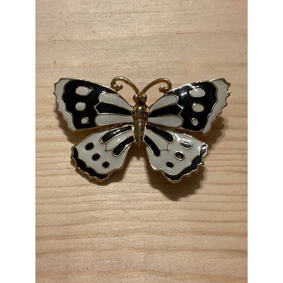 Vintage Enamel Butterfly Brooch Pin Gold Tone Black & White - Picture 1 of 4